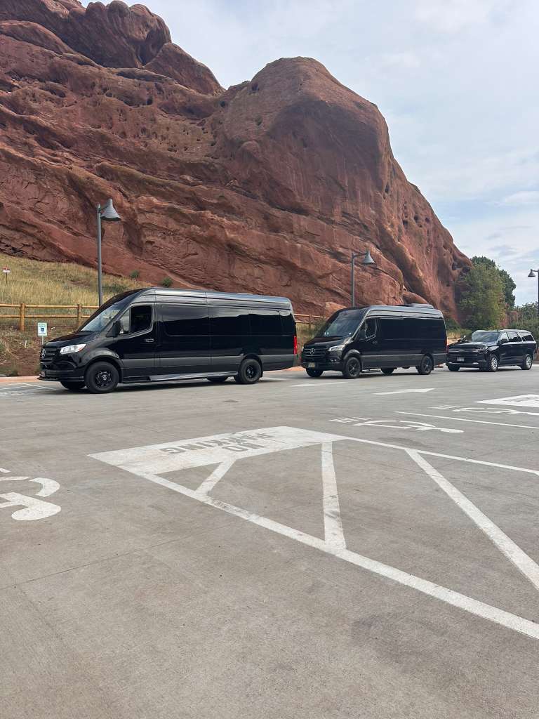 Professional red rocks transportation featuring luxury black SUVs and Sprinter Van for VIP travel to Red Rocks Amphitheatre.